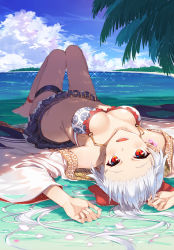 Rule 34 | 1girl, :d, absurdres, bare shoulders, barefoot, beach, bikini, bikini skirt, blue sky, blush, bow, breasts, breasts apart, cleavage, cloud, collarbone, commentary, day, fate/grand order, fate (series), flower, full body, hair between eyes, hair flower, hair ornament, hair ribbon, highres, japanese clothes, kimono, long hair, looking at viewer, lying, navel, ocean, off shoulder, on back, open mouth, outdoors, palm tree, ponytail, red bow, red eyes, ribbon, sand, sandals, unworn sandals, shoes, silver hair, sky, slit pupils, smile, solo, stomach, swimsuit, thigh strap, tomoe gozen (fate), tree, tsukino (nakajimaseiki), twitter username, very long hair