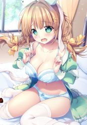 Rule 34 | 1girl, bed, bed sheet, blue bra, blue panties, bow, bow panties, bra, braid, breasts, brown hair, cleavage, collarbone, commentary request, curtains, dress, frilled panties, frills, green dress, green eyes, hair ornament, hair ribbon, hairclip, hat, highres, indoors, long hair, looking at viewer, medium breasts, mikeou, navel, nurse, nurse cap, on bed, open clothes, open dress, open mouth, original, panties, ribbon, sitting, solo, thighhighs, twintails, underwear, wariza, wavy mouth, white thighhighs, window