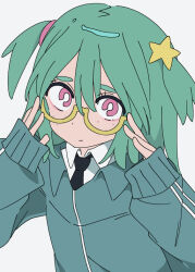 Rule 34 | 1girl, black necktie, character request, closed mouth, commentary, glasses, green hair, green jacket, grey background, hair between eyes, hair ornament, ixy, jacket, long hair, long sleeves, looking at viewer, necktie, red eyes, semi-rimless eyewear, shirt, simple background, solo, star (symbol), star hair ornament, under-rim eyewear, upper body, white background, white shirt, yellow-framed eyewear, zutto mayonaka de ii no ni