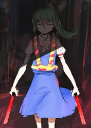 Rule 34 | 1girl, ascot, blue skirt, blue vest, bow, closed eyes, closed mouth, collared shirt, colored skin, commentary, cookie (touhou), cowboy shot, daiyousei, diyusi (cookie), dual wielding, flat chest, glowing, glowing weapon, green hair, grey background, hair between eyes, hair bow, high-visibility vest, high ponytail, highres, holding, long bangs, long hair, mi zu to ra, puffy short sleeves, puffy sleeves, shadow, shirt, short sleeves, skirt, skirt set, solo, touhou, traffic baton, vest, weapon, white shirt, white skin, yellow ascot, yellow bow