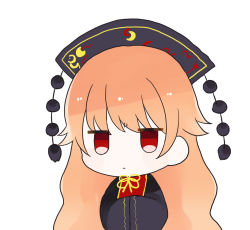 Rule 34 | 1girl, black dress, black hat, black sleeves, chibi, chinese clothes, closed mouth, crescent, dress, eyes visible through hair, hair between eyes, hands up, hat, junko (touhou), long hair, long sleeves, orange hair, own hands together, pom pom (clothes), red eyes, red vest, simple background, solo, touhou, umi (nana spring), very long hair, vest, white background, yellow neckwear