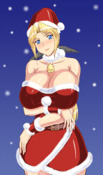 Rule 34 | 1girl, bare shoulders, bell, neck bell, belt, blonde hair, blue eyes, bow, breast hold, breasts, cleavage, collar, collarbone, dead or alive, dress, fur collar, hair bow, hat, helena douglas, huge breasts, long hair, natsuru (anglachel), no bra, ponytail, santa costume, santa hat, smile, solo, strapless, strapless dress, tecmo, wristband