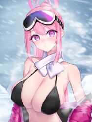 Rule 34 | 1girl, absurdres, aoi riko, bare shoulders, bikini, black bikini, blue archive, breasts, cleavage, commentary request, eimi (blue archive), eimi (swimsuit) (blue archive), goggles, goggles on head, halo, high ponytail, highres, jacket, large breasts, long hair, off shoulder, official alternate costume, open clothes, open jacket, padded jacket, pink hair, pink halo, pink jacket, scarf, ski goggles, snow, swimsuit, upper body, white scarf