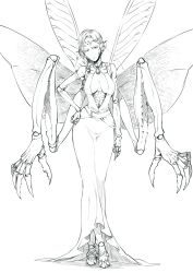 Rule 34 | 1girl, absurdres, antennae, arthropod girl, bare shoulders, braid, breasts, carapace, center opening, crossed legs, dress, earrings, extra arms, extra eyes, french braid, full body, greyscale, hand on own hip, head tilt, highres, insect wings, jewelry, long dress, long hair, looking at viewer, mantis girl, medium breasts, mole, mole under mouth, monochrome, monster girl, multiple wings, nakamura regura, necklace, original, solo, watson cross, wings