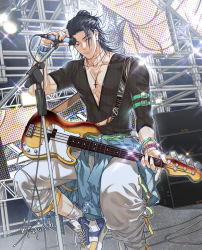 Rule 34 | 1boy, alternate costume, amplifier, arm belt, bass guitar, belt, belt buckle, black hair, bracelet, brown eyes, buckle, cable, closed mouth, clothes around waist, collarbone, commentary request, covered erect nipples, cross, cross necklace, dated, diffraction spikes, earrings, eyes visible through hair, foot out of frame, getou suguru, glint, green belt, hair bun, hair pulled back, halftone, highres, holding, holding instrument, holding microphone, honeycomb (pattern), instrument, inverted cross, jewelry, jujutsu kaisen, light smile, long hair, looking at viewer, male focus, microphone, microphone stand, mixed-language commentary, multiple belts, necklace, nipples, pants, pectoral cleavage, pectorals, plunging neckline, print pants, ring, sashiyu, screen, see-through, signature, single hair bun, sitting, solo, stage, stage lights, thumb ring, untied footwear