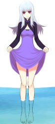 Rule 34 | barefoot, clothes lift, darker than black, feet, hair down, highres, red eyes, silver hair, simple background, skirt, skirt lift, water, yin (darker than black)