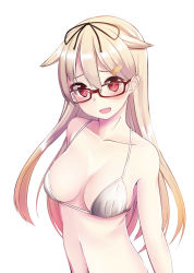 Rule 34 | 10s, 1girl, :d, arms at sides, bad id, bad pixiv id, bare arms, bare shoulders, bespectacled, bikini, bikini top only, black ribbon, blonde hair, blush, breasts, cleavage, collarbone, commentary request, glasses, gradient hair, hair between eyes, hair flaps, hair ribbon, kantai collection, long hair, looking at viewer, medium breasts, multicolored hair, navel, nekobaka, open mouth, orange hair, raised eyebrows, red eyes, ribbon, smile, solo, stomach, straight hair, string bikini, swimsuit, upper body, very long hair, white bikini, yuudachi (kancolle), yuudachi kai ni (kancolle)