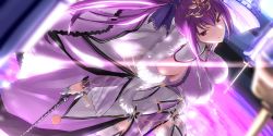Rule 34 | 1girl, blue bow, bow, breasts, breasts apart, choker, dress, fate/grand order, fate (series), floating hair, hair between eyes, hair bow, hair ornament, head tilt, holding, holding wand, large breasts, long hair, looking at viewer, ponytail, purple dress, purple hair, red eyes, scathach (fate), scathach skadi (fate), scathach skadi (third ascension) (fate), see-through, sleeveless, sleeveless dress, smile, solo, standing, thighhighs, tsuuhan, very long hair, wand
