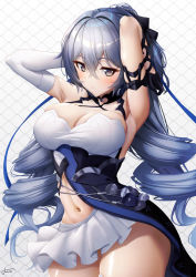 Rule 34 | 1girl, aged up, arm wrap, armpits, arms up, bare shoulders, black bow, black gloves, bow, breasts, bronya zaychik, bronya zaychik (silverwing: n-ex), cleavage, closed mouth, commentary, cowboy shot, crop top, crossed bangs, detached sleeves, drill hair, elbow gloves, gloves, grey eyes, grey hair, groin, hair between eyes, hair bow, hair ornament, halterneck, highres, honkai (series), honkai impact 3rd, large pectorals, long hair, looking at viewer, midriff, miniskirt, navel, pectorals, pleated skirt, shirt, sidelocks, signature, skindentation, skirt, sleeveless, sleeveless shirt, solo, standing, taut clothes, taut shirt, twin drills, waistcoat, white shirt, xfate