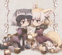 Rule 34 | 2girls, adapted costume, animal ear fluff, animal ears, blonde hair, bow, bowtie, chocolate, commentary, common raccoon (kemono friends), elbow gloves, fennec (kemono friends), finger to another&#039;s mouth, fox ears, fox tail, fur collar, fur trim, gloves, grey hair, kemono friends, kolshica, multicolored hair, multiple girls, no shoes, pantyhose, pleated skirt, puffy short sleeves, puffy sleeves, raccoon ears, raccoon tail, short hair, short sleeves, skirt, smile, sweater, tail, thigh bow, thighhighs, zettai ryouiki