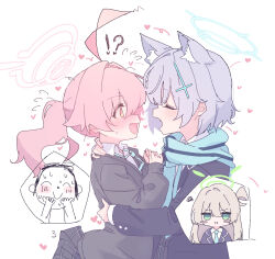 Rule 34 | !?, 1boy, 3girls, @ @, ahoge, animal ear fluff, animal ears, black jacket, black skirt, blazer, blue archive, blue halo, blue scarf, blush, cardigan, closed eyes, closed mouth, collared shirt, cross hair ornament, doodle sensei (blue archive), extra ears, fang, green eyes, green halo, grey cardigan, grey hair, hair between eyes, hair ornament, halo, heart, highres, hoshino (blue archive), jacket, light brown hair, long hair, long sleeves, multiple girls, nonomi (blue archive), open clothes, open jacket, open mouth, pink hair, pink halo, pleated skirt, pout, ruten (onakasukusuku), scarf, sensei (blue archive), shiroko (blue archive), shiroko (young) (blue archive), shirt, short hair, simple background, skirt, white background, white shirt, wolf ears, yellow eyes, yuri