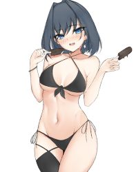 Rule 34 | 1girl, bikini, black bikini, black thighhighs, blue eyes, blue hair, blush, bracelet, breasts, earrings, food, groin, hair intakes, highres, holding, holding food, hololive, hololive english, honon, jewelry, looking at viewer, medium breasts, navel, ouro kronii, side-tie bikini bottom, simple background, single thighhigh, smile, solo, swimsuit, thighhighs, virtual youtuber, white background