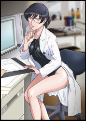 Rule 34 | 1girl, amagami, bad id, bad pixiv id, black hair, breasts, chair, chart, competition swimsuit, computer, desk, glasses, glowstick, lab coat, legs, long legs, one-piece swimsuit, open clothes, osomatu-sama, pen, penlight (glowstick), sitting, smile, solo, stethoscope, swimsuit, tsukahara hibiki