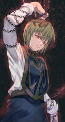 Rule 34 | 1boy, absurdres, androgynous, arm up, blonde hair, bound, bound arms, chain, cowboy shot, earrings, highres, holding, hunter x hunter, jewelry, kurapika, long sleeves, looking at viewer, male focus, red eyes, short hair, solo, tabard, tomaton (t 0)