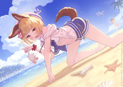 Rule 34 | 2girls, all fours, animal ears, beach, beret, bikini, blonde hair, blue sky, blush, braid, breasts, day, dog ears, dog tail, erune, flower, granblue fantasy, hair flower, hair ornament, hat, hibiscus, highres, jacket, looking at viewer, mouse (animal), multiple girls, navel, open mouth, outdoors, palm tree, red eyes, red flower, short hair, sky, small breasts, smile, swimsuit, tail, tree, vajra (granblue fantasy), vikala (granblue fantasy), water, white bikini, white headwear, white jacket, yellowpaint.