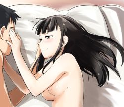 Rule 34 | 1boy, 1girl, afterglow, black hair, blush, breasts, censored, convenient censoring, couple, hair down, hand on another&#039;s face, hetero, hijikata keisuke, long hair, lying, mozu (peth), on bed, on side, pillow, sakamoto mio, short hair, smile, strike witches, world witches series