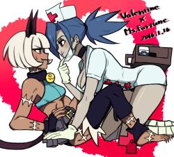 Rule 34 | 2016, 2girls, belt pouch, blue eyes, blue hair, blush, bob cut, breasts, cat girl, choker, cleavage, collar, crop top, dark-skinned female, dark skin, from side, gloves, grin, hanging breasts, hat, kyouhei hei, large breasts, latex, latex gloves, looking at another, mask, mouth mask, ms. fortune (skullgirls), multiple girls, neck bell, nurse cap, ponytail, pouch, red eyes, scar, scar on face, short hair, skullgirls, smile, straddling, surgical mask, sweatdrop, valentine (skullgirls), white background, white hair, yuri