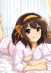 Rule 34 | 1girl, ass, bed, bed sheet, breast slip, breasts, brown eyes, brown hair, female focus, haruhisky, highres, licking, lying, medium breasts, nipples, on stomach, one breast out, pajamas, short hair, solo, source request, suzumiya haruhi, suzumiya haruhi no yuuutsu, the pose, tongue, tongue out