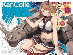 Rule 34 | 1girl, arm support, bob cut, breasts, brown hair, chain, copyright name, cowboy shot, flower, gloves, green eyes, headgear, kantai collection, looking at viewer, machinery, man naka, midriff, miniskirt, mutsu (kancolle), navel, pleated skirt, pointing, short hair, sitting, skirt, sleeveless, solo, white gloves