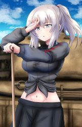 Rule 34 | 1girl, black skirt, blue eyes, blue sky, broom, cloud, cloudy sky, commentary, cowboy shot, day, dress shirt, front-tie top, girls und panzer, grey hair, grey shirt, hair tie, hair up, half-closed eyes, highres, holding, holding broom, itsumi erika, kuromorimine school uniform, long sleeves, looking at viewer, medium hair, midriff, military, military vehicle, motor vehicle, navel, open mouth, outdoors, pleated skirt, ponytail, redbaron, school uniform, shirt, skirt, sky, solo, standing, sweat, tank, tiger ii, twitter username, wing collar, wiping sweat