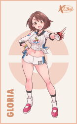 Rule 34 | 1girl, asymmetrical bangs, bad id, bad pixiv id, bangle, bracelet, breasts, brown eyes, brown hair, character name, contrapposto, creatures (company), dolphin shorts, full body, game freak, gloria (pokemon), gloves, gluteal fold, gym challenge uniform, highres, holding, holding poke ball, jersey, jewelry, medium breasts, midriff, navel, nintendo, official alternate costume, open mouth, pointing, poke ball, poke ball (basic), pokemon, pokemon swsh, shoes, short hair, shorts, side-tie shirt, single glove, sneakers, socks, solo, standing, x-t3al