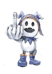 Rule 34 | 1other, blue footwear, blue headwear, boots, bukibukibuk, colored skin, fangs, full body, hat, highres, jack frost (megami tensei), looking at viewer, middle finger, no pupils, open mouth, shin megami tensei, smile, standing, white background, white skin