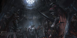 Rule 34 | 6+boys, abyss watcher, arm at side, armor, battle, blood, bloody weapon, brown pants, cape, copyright name, cowboy shot, dagger, dark souls (series), dark souls iii, dual wielding, english text, facing away, gauntlets, greatsword, helmet, highres, holding, holding sword, holding weapon, impaled, indoors, knife, light particles, light rays, looking at another, male focus, mask, mouth mask, multiple boys, multiple swords, on one knee, over shoulder, pants, pauldrons, planted, planted sword, planted weapon, red cape, reverse grip, shoulder armor, stab, stu dts, sword, weapon, white hair