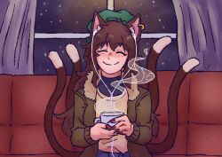 Rule 34 | 1girl, animal ear fluff, animal ear piercing, animal ears, brown hair, brown jacket, brown tail, cat ears, cat girl, cat tail, chen, closed eyes, closed mouth, couch, cup, earbuds, earphones, earrings, facing viewer, fingernails, green hat, happy, hat, highres, holding, holding cup, jacket, jewelry, long fingernails, long hair, long sleeves, mob cap, mug, multicolored tail, multiple tails, night, night sky, on couch, open clothes, open jacket, otaeriaaoba, red nails, shirt, single earring, sitting, sky, smile, solo, star (sky), steam, tail, touhou, window, window blinds, yellow shirt
