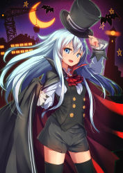 Rule 34 | 10s, 1girl, adjusting clothes, adjusting headwear, alternate costume, bat (animal), black hair, blue eyes, cape, commentary request, cowboy shot, ascot, crescent moon, fang, halloween, halloween costume, hat, hibiki (kancolle), kantai collection, lighthouse, long hair, moon, night, open mouth, shorts, solo, thighhighs, top hat, white hair, yu-yuuki