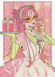 Rule 34 | 1girl, amu nununu, apron, cherry, choker, cup, dress, ear chain, ear piercing, earrings, elbow gloves, fingerless gloves, food, fruit, glasses, gloves, green gloves, green nails, hair ornament, hairband, hairclip, halftone, holding, holding cup, ice, ice cube, jewelry, long hair, looking at viewer, original, piercing, pink dress, pink hair, pink theme, sleeveless, sleeveless dress, solo, tinted eyewear, tongue, tongue out, upper body, white apron, yellow-tinted eyewear