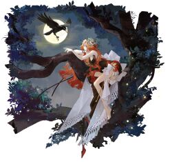 Rule 34 | 1girl, bare arms, bare legs, bird, black cat, bow, branch, brown dress, bug, cat, closed mouth, crow, dress, druvis iii, firefly, full body, full moon, green eyes, head wreath, highres, insect, leaf, leaning forward, long hair, moon, official art, orange hair, reverse:1999, rope, sitting on branch, solo, third-party source, very long hair, white bow