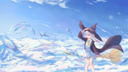 Rule 34 | above clouds, absurdres, blue sky, broom, cloud, coat, elaina (majo no tabitabi), flying, hat, highres, holding, holding clothes, holding hat, long hair, majo no tabitabi, purple eyes, ribbon, scenery, skirt, sky, solo, user fset8853, white hair, witch, witch hat