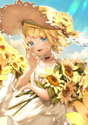 Rule 34 | 1girl, :d, blonde hair, blue eyes, blue sky, bouquet, collar, collarbone, day, dress, field, floating hair, flower, flower field, hair ornament, hat, highres, holding, holding bouquet, kagamine rin, looking at viewer, open mouth, outdoors, parted bangs, sawashi (ur-sawasi), short hair, sky, sleeveless, sleeveless dress, smile, solo, sparkle, standing, straw hat, sun hat, sundress, sunflower, sunflower field, sunlight, sweatdrop, vocaloid, water drop, white dress, yellow flower, yellow hat