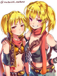 Rule 34 | 2girls, artist name, black gloves, blonde hair, breasts, character request, cleavage, clenched teeth, fingerless gloves, gloves, mataichi mataro, medium breasts, midriff, multiple girls, navel, ole tower, orange eyes, phillips screwdriver (ole tower), pink eyes, scarf, short hair, side ponytail, simple background, small breasts, smile, teeth, twitter username, white background