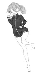 Rule 34 | 1girl, bare legs, barefoot, female focus, full body, jacket, long sleeves, monochrome, naked jacket, saki (manga), simple background, solo, takakamo shizuno, track jacket, white background