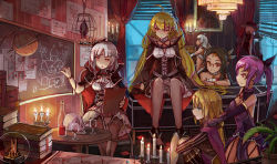 Rule 34 | 6+girls, :o, ahoge, alcohol, ascot, belly chain, bird, birdcage, window blinds, blonde hair, blue eyes, blunt bangs, book, book stack, bookmark, bottle, breasts, brown hair, bustier, cage, candle, candlestand, cape, chair, chalk, chalkboard, chandelier, clipboard, coffin, commentary request, corset, cup, curtains, detached collar, drawing, drinking glass, elbow gloves, facial mark, flower pot, forehead mark, frilled skirt, frills, garter straps, gauntlets, glasses, globe, gloves, hair ribbon, hands on another&#039;s shoulders, hat, high collar, indoors, jewelry, long hair, long sleeves, map, multiple girls, open mouth, over-rim eyewear, painting (object), pantyhose, picture frame, pixiv fantasia, pixiv fantasia fallen kings, plant, ponytail, potted plant, purple hair, red-framed eyewear, red eyes, ribbon, see-through, see-through legwear, semi-rimless eyewear, short hair, side slit, silver hair, sitting, skirt, skull, snow globe, spark (sandro), striped, striped sleeves, table, talking, twintails, very long hair, wallpaper (object), window, wine, wine bottle, wine glass, wristband, yellow eyes