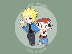 Rule 34 | 2boys, black hair, black shirt, blonde hair, blue jacket, blue pants, casteliacone, chain, closed mouth, creatures (company), daifuku (pokefuka art), food, food on face, game freak, green background, grey footwear, hand in pocket, hat, ice cream, jacket, lucas (pokemon), male focus, multiple boys, nintendo, pants, pokemon, pokemon dppt, red headwear, red scarf, scarf, shirt, shoes, short hair, short sleeves, smile, sparkle, spiked hair, standing, tongue, tongue out, volkner (pokemon)