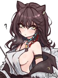 Rule 34 | 1girl, ?, animal ears, arknights, artist name, blush, braid, breasts, brown hair, brown jacket, closed mouth, collarbone, ctoh (chewandhamper), dress, fur-trimmed jacket, fur trim, highres, jacket, jewelry, long hair, looking at viewer, lunacub (arknights), medium breasts, mole, mole on arm, necklace, open clothes, open jacket, side braid, sideboob, simple background, solo, upper body, white background, white dress, wolf ears, yellow eyes