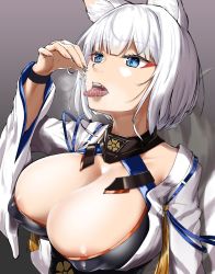 Rule 34 | 1boy, 1girl, animal ears, areola slip, azur lane, blue eyes, breasts, cleavage, collar, collarbone, commander (azur lane), eating, fangs, fox ears, giant, giantess, gradient background, grey background, highres, holding above head, holding person, huge breasts, japanese clothes, kaga (azur lane), kimono, kitsune, looking at another, multiple tails, open mouth, rakia (ds00309), saliva, short hair, solo focus, tail, tongue, tongue out, upper body, vore, white hair, wide sleeves, wristband