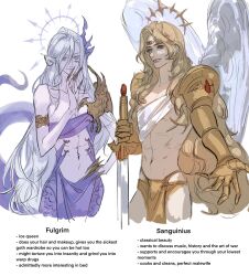Rule 34 | 2boys, androgynous, angel wings, armlet, armor, blonde hair, blue eyes, celestial fang, chaos (warhammer), character name, claws, commentary, english commentary, english text, fulgrim, grey hair, halo, highres, holding, holding sword, holding weapon, imperium of man, long hair, long pointy ears, multiple boys, multiple piercings, navel, pale skin, pointy ears, primarch, purple eyes, sanguinius, shoulder armor, sword, tail, very long hair, warhammer 40k, weapon, white background, wings