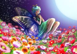 Rule 34 | 1girl, antennae, aqua hair, barefoot, butterfly wings, closed mouth, commentary request, dress, eternity larva, fairy, flower, full moon, green dress, highres, insect wings, kyabekko, leaf, leaf on head, moon, multicolored clothes, multicolored dress, orange eyes, orange flower, partial commentary, pink flower, red flower, short hair, short sleeves, smile, solo, touhou, wings