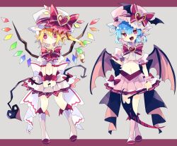 Rule 34 | + +, 2girls, adapted costume, back bow, bat wings, blonde hair, blue hair, bow, bowtie, brooch, crystal, fangs, flandre scarlet, full body, grey background, hair between eyes, hat, hat bow, hat ornament, heart, heart brooch, heart hat ornament, highres, holding, jewelry, kneehighs, laevatein (touhou), long hair, midriff, multiple girls, nikorashi-ka, one side up, open mouth, pink headwear, pink shirt, pink skirt, pleated skirt, pointy ears, puffy short sleeves, puffy sleeves, red bow, red eyes, remilia scarlet, scythe, shirt, short sleeves, siblings, simple background, sisters, skirt, slit pupils, smile, socks, touhou, white bow, white headwear, white shirt, white skirt, wings, wrist cuffs