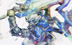 Rule 34 | aqua eyes, dust cloud, from side, gundam, gundam 00, gundam 00 festival 10 &quot;re:vision&quot;, gundam exia repair iv, highres, holding, holding sword, holding weapon, kare (0621utak), mecha, mobile suit, no humans, robot, science fiction, simple background, solo, sword, upper body, v-fin, weapon, white background