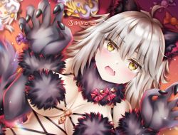 Rule 34 | 1girl, ahoge, amanoizu, animal ears, bare shoulders, blush, breasts, candy, claw pose, cleavage, cosplay, doll, elbow gloves, fate/apocrypha, fate/grand order, fate (series), food, fur-trimmed gloves, fur collar, fur trim, gloves, halloween, halloween costume, jeanne d&#039;arc (fate), jeanne d&#039;arc (ruler) (fate), jeanne d&#039;arc alter (avenger) (fate), jeanne d&#039;arc alter (fate), jeanne d&#039;arc alter santa lily (fate), large breasts, looking at viewer, mash kyrielight, mash kyrielight (dangerous beast), mash kyrielight (dangerous beast) (cosplay), o-ring, official alternate costume, open mouth, revealing clothes, short hair, silver hair, tail, wolf ears, wolf tail, yellow eyes