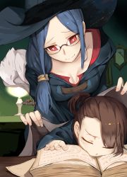 Rule 34 | 10s, 2girls, bk209, blue hair, book, breasts, brown hair, closed eyes, covering with blanket, creature, glasses, happy, hat, highres, kagari atsuko, little witch academia, long hair, multiple girls, pale skin, red eyes, sleeping, smile, ursula callistis, witch, witch hat