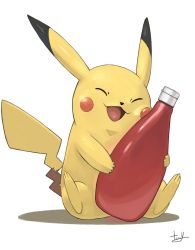 Rule 34 | closed eyes, gen 1 pokemon, highres, holding, ketchup bottle, pikachu, pokemon, pokemon (creature), smile, tesshii (riza4828)