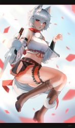 Rule 34 | 1girl, animal ears, bare shoulders, belt boots, black skirt, blush, boots, breasts, bridal garter, brown footwear, commentary, crop top, detached sleeves, ehrrr, frills, full body, hair between eyes, high heel boots, high heels, highres, hip vent, inubashiri momiji, knee boots, letterboxed, looking at viewer, medium breasts, midriff, miniskirt, open mouth, panties, red eyes, ribbon-trimmed sleeves, ribbon trim, shirt, short hair, silver hair, skirt, sleeveless, sleeveless shirt, solo, string panties, sword, tail, touhou, underwear, weapon, white panties, white shirt, wolf ears, wolf tail