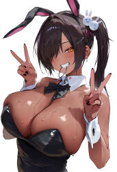 Rule 34 | 1girl, alternate costume, animal ears, black leotard, breasts, brown eyes, character request, check character, commentary, dark-skinned female, dark skin, detached collar, dfm (darknessdfm), double v, fake animal ears, goddess of victory: nikke, grin, hair over one eye, highres, large breasts, leotard, long hair, looking at viewer, naga (nikke), playboy bunny, smile, strapless, strapless leotard, sweat, symbol-only commentary, v, wet, white background, wrist cuffs
