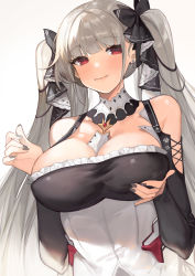 Rule 34 | 1girl, azur lane, bare shoulders, between breasts, blush, breasts, cleavage, dress, earrings, formidable (azur lane), frilled dress, frills, grey hair, hair ribbon, highres, jewelry, large breasts, long hair, looking at viewer, red eyes, revision, ribbon, simple background, smile, solo, twintails, two-tone dress, two-tone ribbon, very long hair, white background, yayako (804907150)