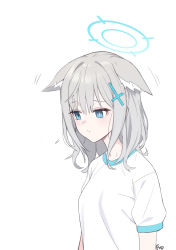 Rule 34 | 1girl, alternate costume, animal ear fluff, animal ears, blue archive, blue eyes, closed mouth, cross hair ornament, fpanda, grey hair, hair between eyes, hair ornament, halo, highres, looking down, mismatched pupils, motion lines, shiroko (blue archive), shirt, short sleeves, simple background, sketch, solo, upper body, white background, white shirt, wolf ears